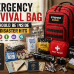 Emergency survival bag with water, food, first aid kit, flashlight, radio, lantern, gloves, poncho, documents, cash, tools, and sanitation supplies.