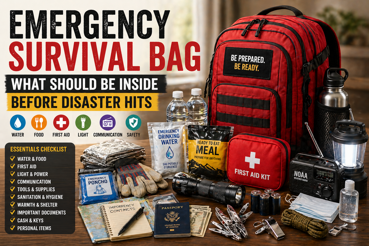 Emergency survival bag with water, food, first aid kit, flashlight, radio, lantern, gloves, poncho, documents, cash, tools, and sanitation supplies.