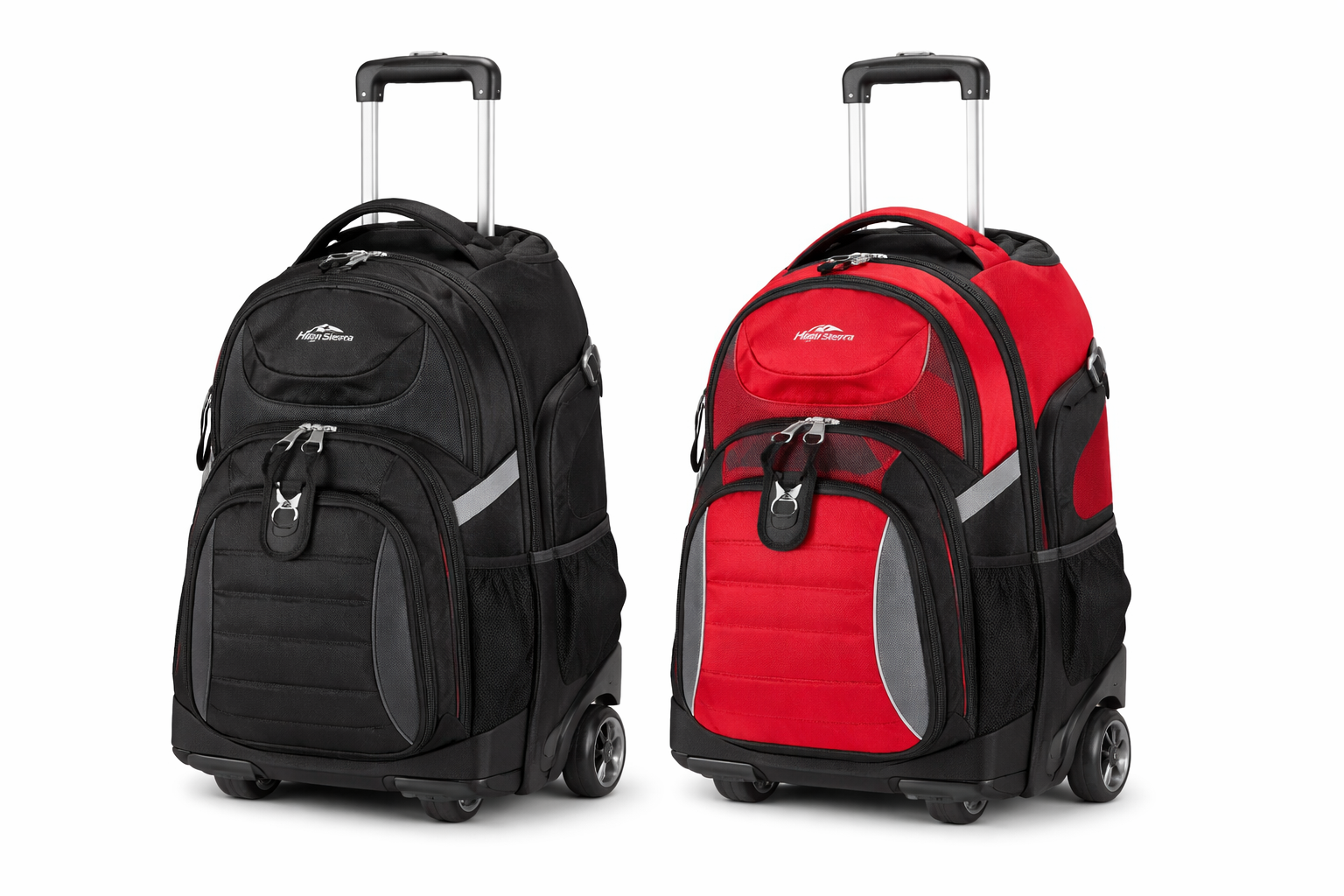 High Sierra XBT Business Rolling Backpack shown in black and red side by side