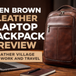 Men's brown leather laptop backpack close-up