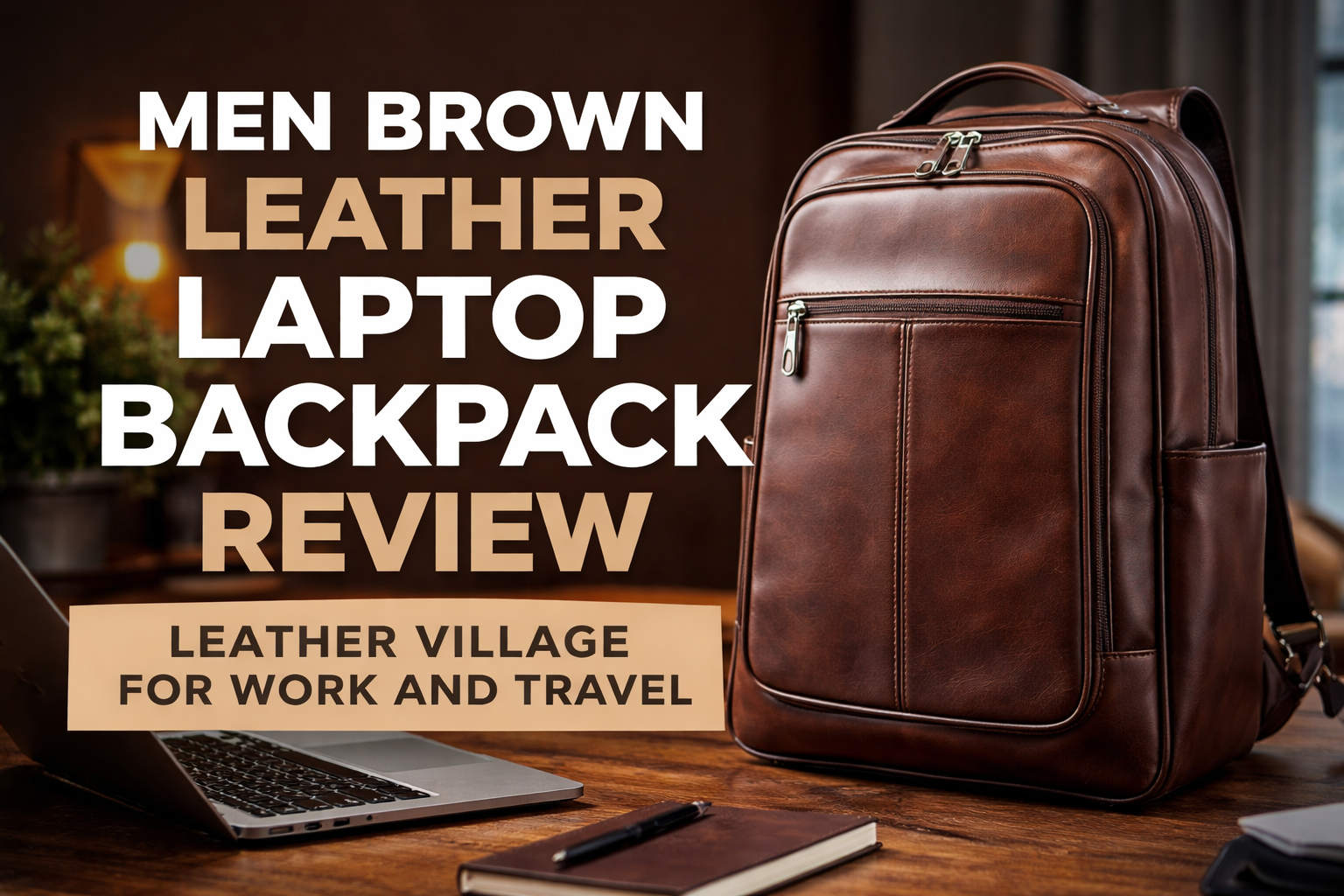 Men's brown leather laptop backpack close-up