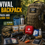 Survival gear backpack with emergency water, food, first aid kit, flashlight, radio, lantern, tools, sanitation items, and important documents.
