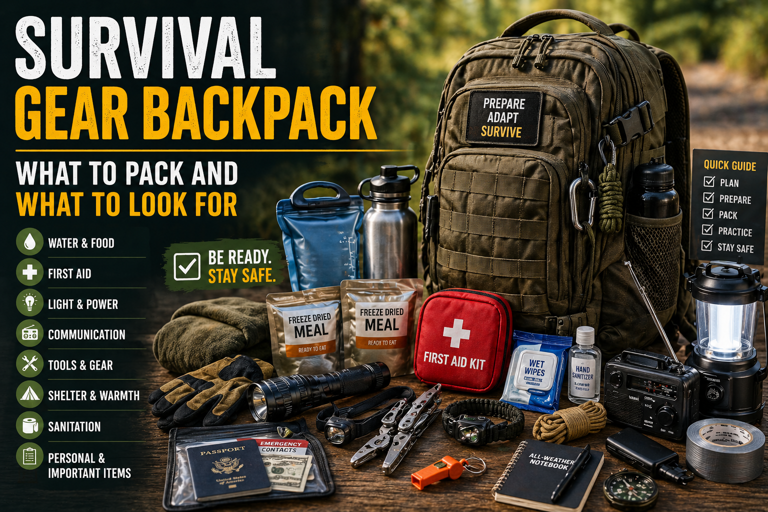 Survival gear backpack with emergency water, food, first aid kit, flashlight, radio, lantern, tools, sanitation items, and important documents.