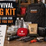 Survival bag kit with emergency backpack, water, food, first aid kit, flashlight, radio, tools, lantern, and checklist of supplies to look for before buying.