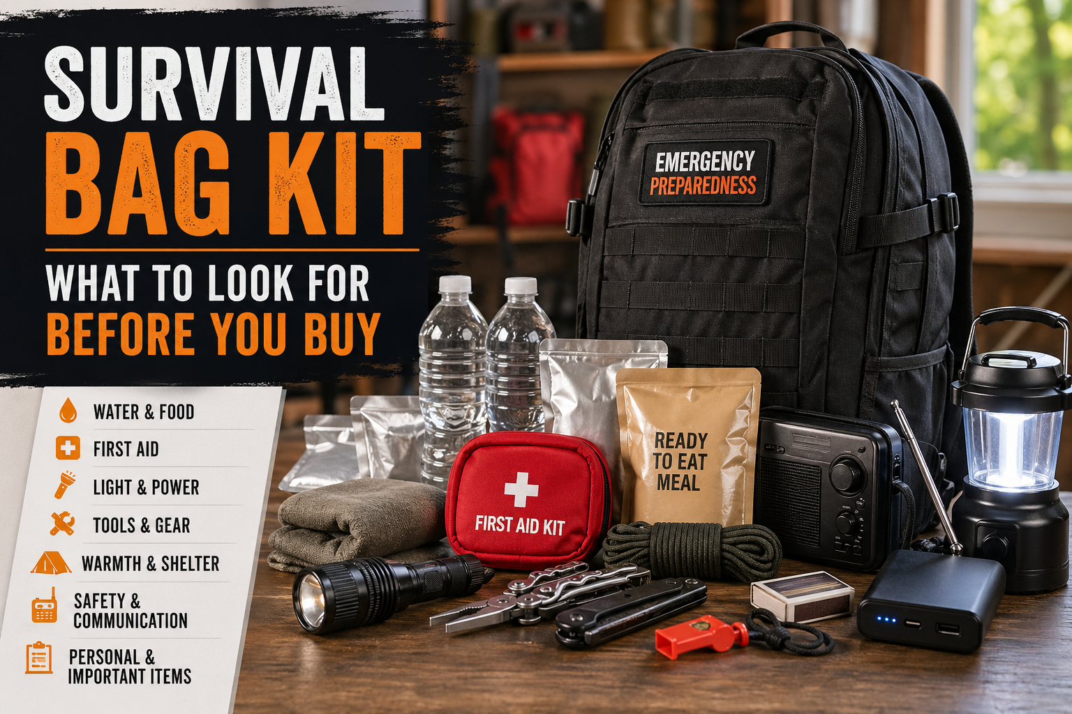 Survival bag kit with emergency backpack, water, food, first aid kit, flashlight, radio, tools, lantern, and checklist of supplies to look for before buying.